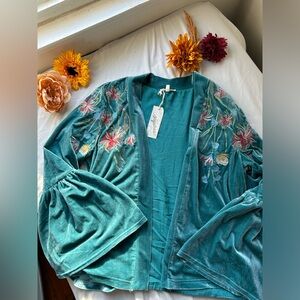 Mystree Teal Velvet Embroidered Cardigan size M